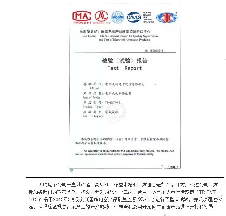 完美官网-完美（中国）一站式服务官网电子公司10kV电子式传感器通过型式试验-1